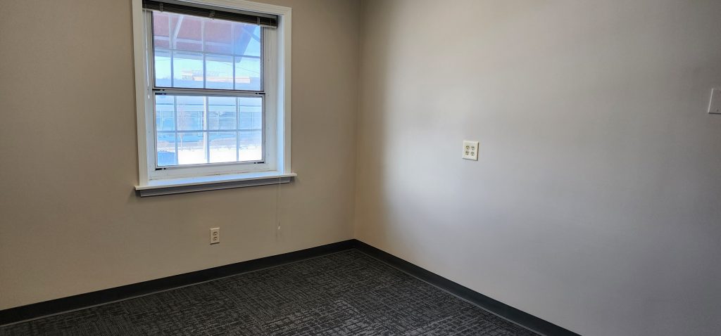Empty small office/room with a window on the left, neutral gray walls, dark patterned carpet, and baseboard trim.