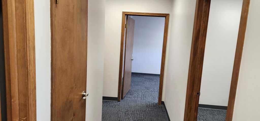Narrow office hallway with multiple wooden doors and blue-gray carpeted floor; beige walls and wood trim.