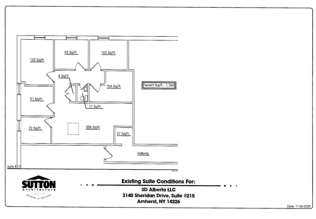Floor plan of existing suite showing labeled rooms and square-footages for 3D Alberta LLC, 3140 Sheridan Dr., Suite #215, Amherst, NY 14226.