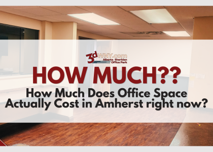 Video thumbnail banner: large red 'HOW MUCH??' over a translucent rounded panel in an empty office, with corner logos/badges present.